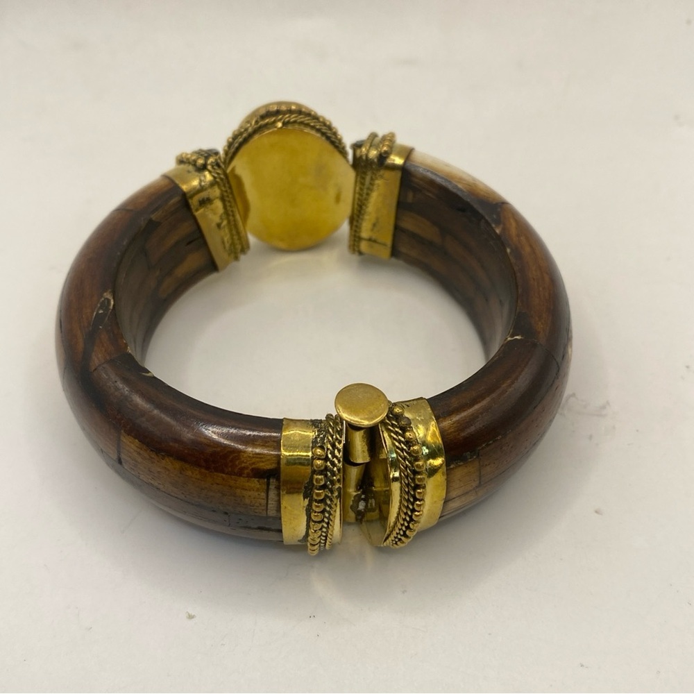 Southwest Turquoise Hinged Wooden Cuff Brass, Bracelet 7” - Picture 7 of 7